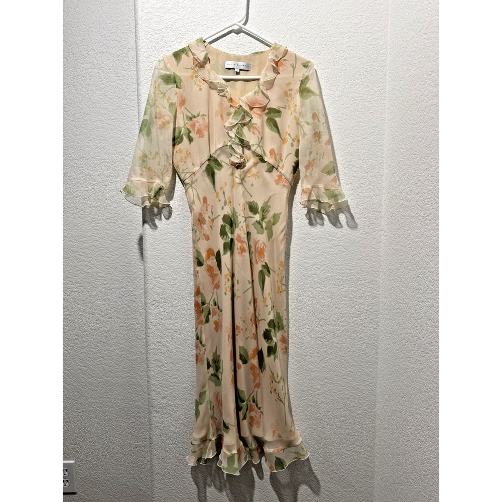 Y2K Silk Chiffon Fairy Dress Sz 4 Floral Flutter Sleeve Sheer Philip Dicaprio